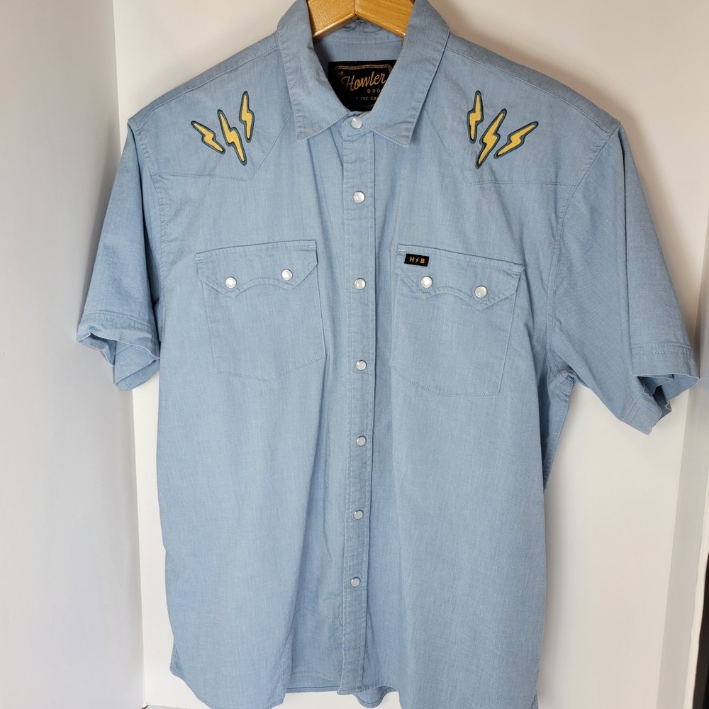 Howler Brothers Gaucho Snap Shirt Mens Medium Blue Lightning Bolt Western SS